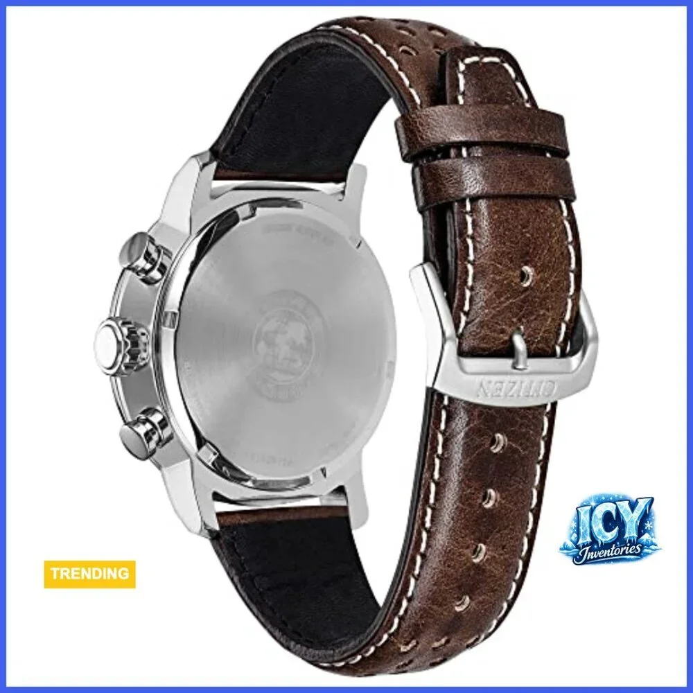 Stainless Steel Eco-Drive Chronograph Watch with Leather Strap
